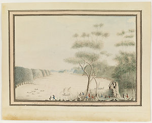 Painting by William Bradley titled View in Broken Bay New South Wales March 1788. It shows British and Aboriginal male couples dancing on the foreshore of Broken Bay. 